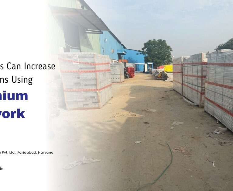 Aluminium formwork panels stacked at a manufacturing facility by aluminium formwork manufacturers